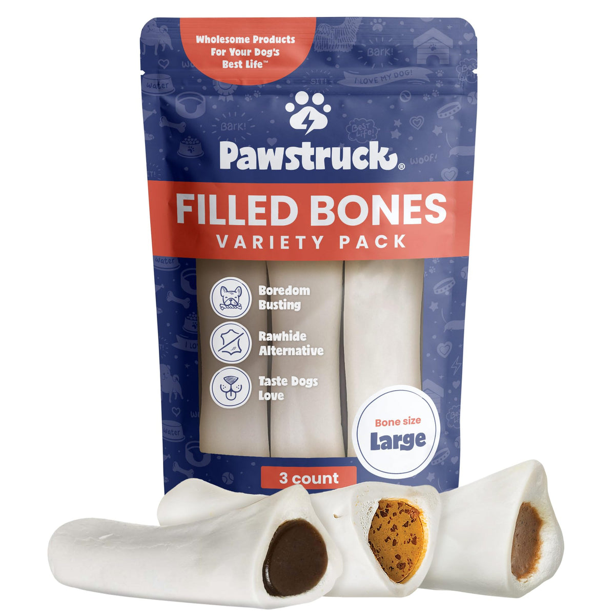 Pawstruck Large 5-6” Filled Dog Bones Variety Pack - Peanut Butter, Cheese & Bacon, Beef Flavors - Made in USA, Long Lasting Stuffed Femur Treat for