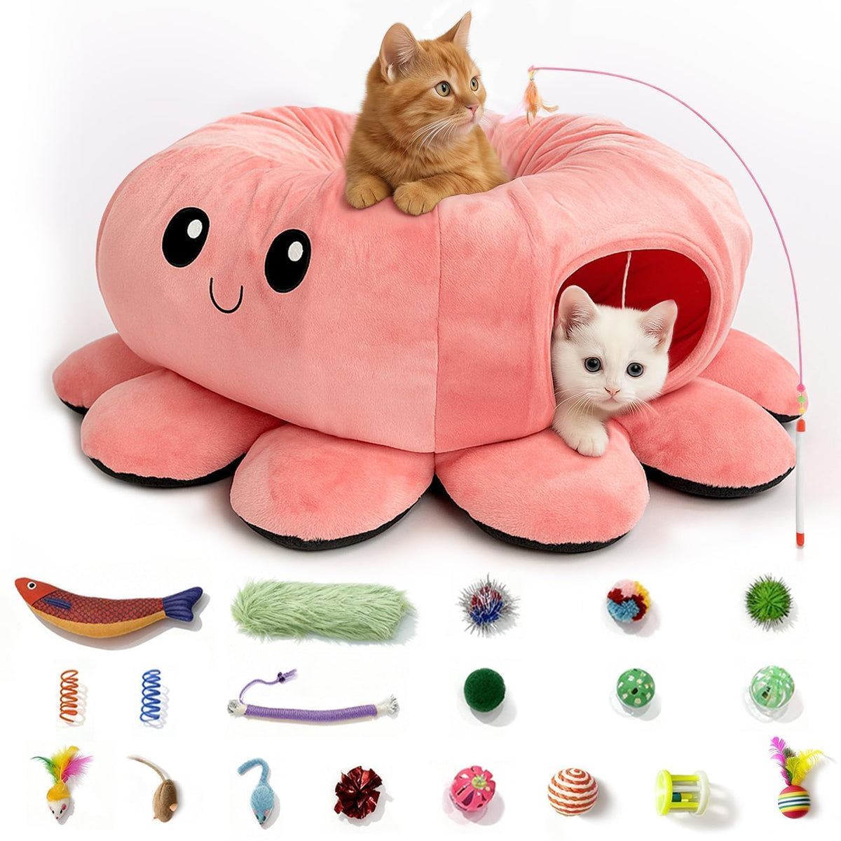 Cat Tunnel Bed with 20 Cat Toys, Collapsible Play Tunnel for Indoor Cats, Kitten Toys for Indoor Kittens, Octopus Shaped