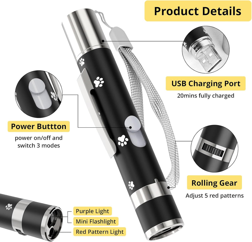 UMSIS Bird Toy, Distinctive Black Painted Metal Casing with Paw Print Design, USB Rechargeable, 7 Adjustable Patterns,Portable Interactive Chase Toy