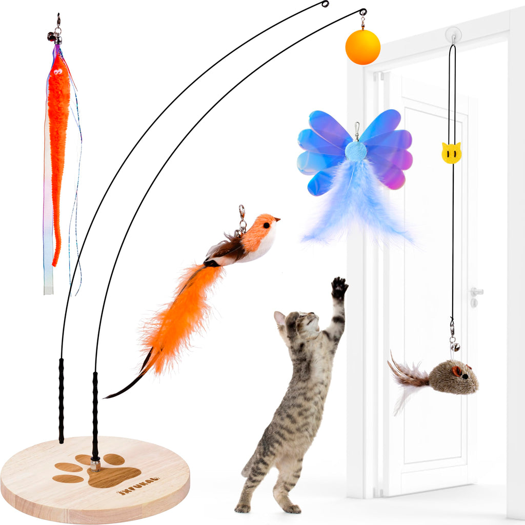 JXFUKAL Interactive cat Toy, Automatic Cat Wand Toy with Stable Wooden Base, 2 PCS Detachable Cat Teaser, 5PCS Refills Replacement & Hanging Elastic
