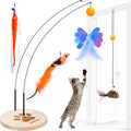 JXFUKAL Interactive cat Toy, Automatic Cat Wand Toy with Stable Wooden Base, 2 PCS Detachable Cat Teaser, 5PCS Refills Replacement & Hanging Elastic