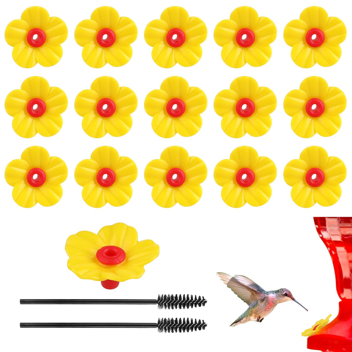 16 Pieces Hummingbird Feeders Replacement Flowers Yellow Pet Replacement Bird Feeder Replacement Parts with 2 PCS Brush Feeding Ports Bee Guards for