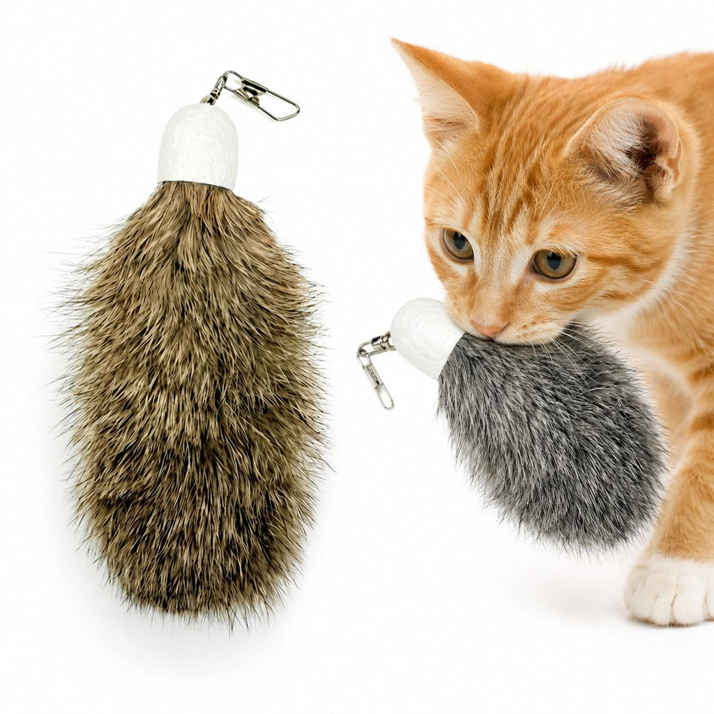 2 Pack Natural Rabbit Fur Cat Toy Refills – Silent Interactive Cat Toys for Indoor Cats, Handmade Replacement Heads with Secure Connector for Cat