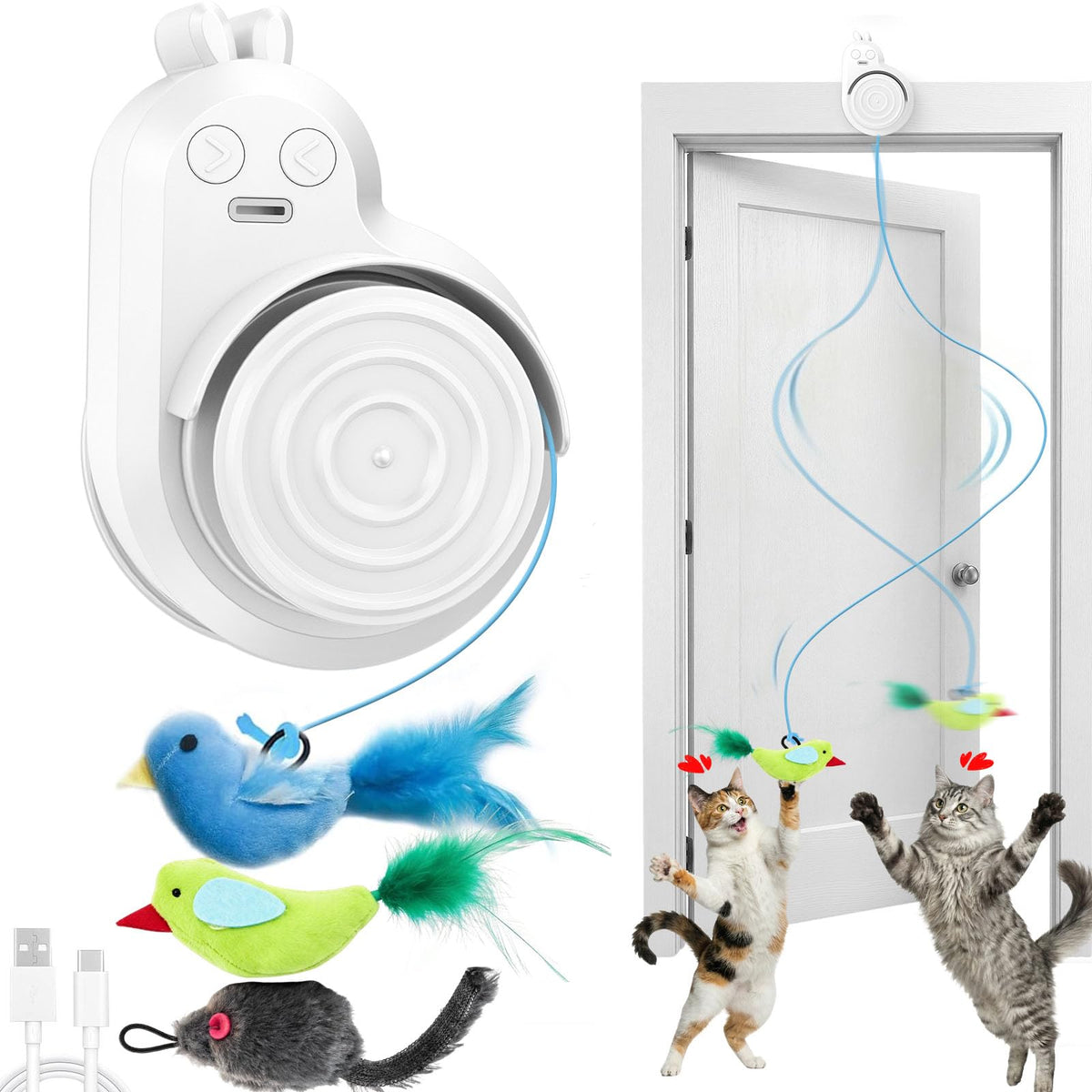 Interactive Cat Toys for Indoor Cats: Automatic Electric Flying Bird Feather & Mouse Wand, Rechargeable Electric Hanging Play Chase Exercise Moving
