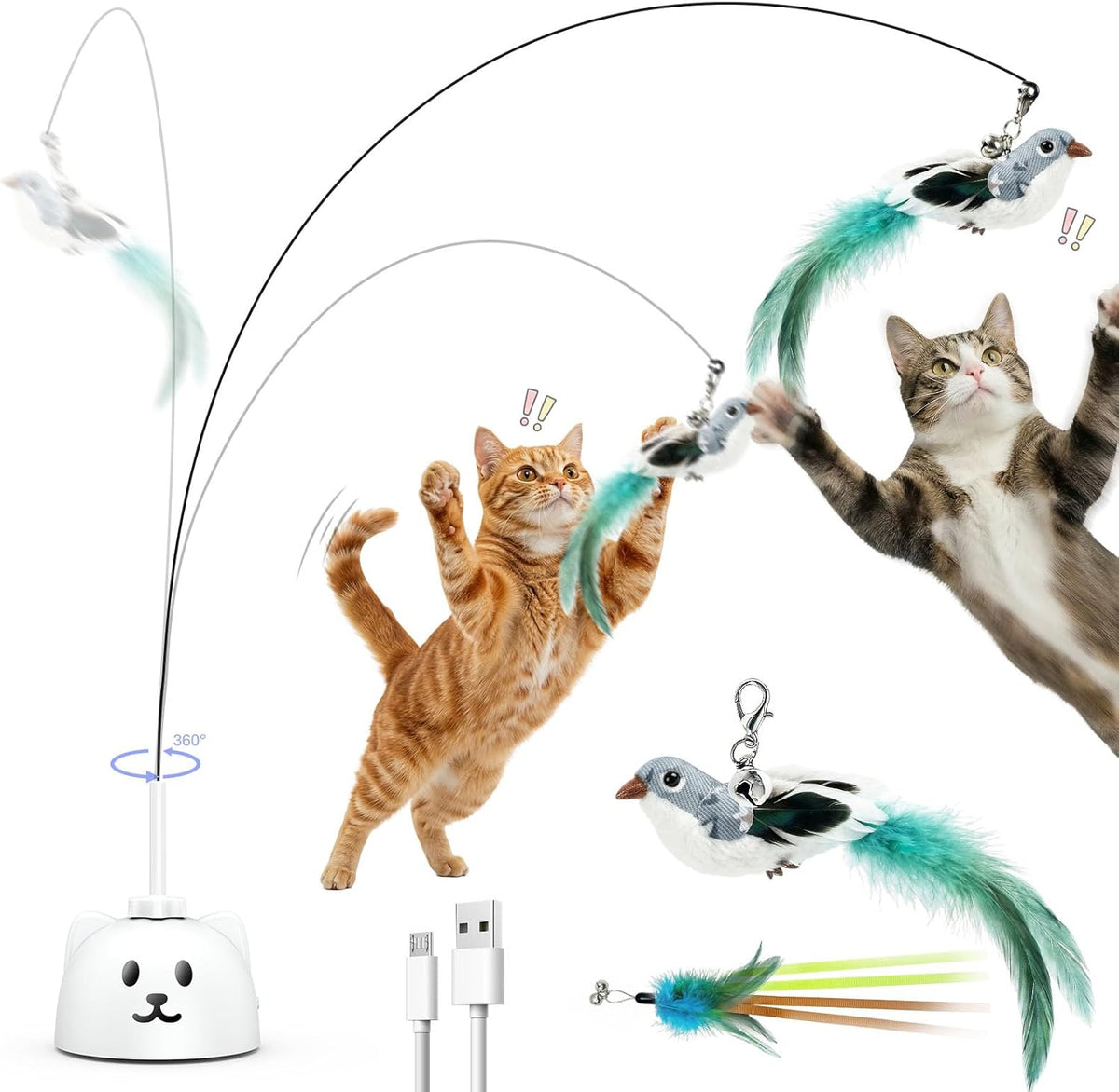 Interactive Cat Toys for Indoor Cats - Automatic Flying Bird Feather Toy, USB Rechargeable Electric Cat Teaser with Sticky Suction Base, Smart Motion