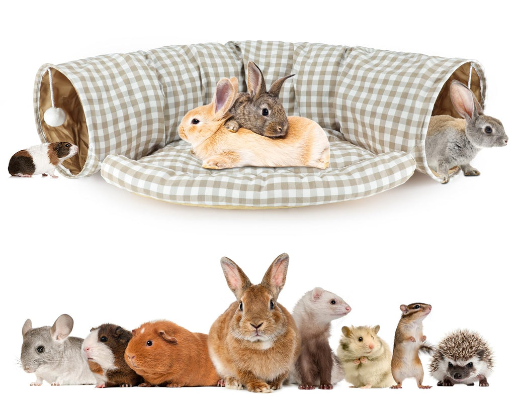BWOGUE Bunny Tunnel Bed, 2-in-1 Collapsible Tunnel Tubes Toys with Removable Mat Hideout for Cats Kittens Rabbits Guinea Pigs Kitty