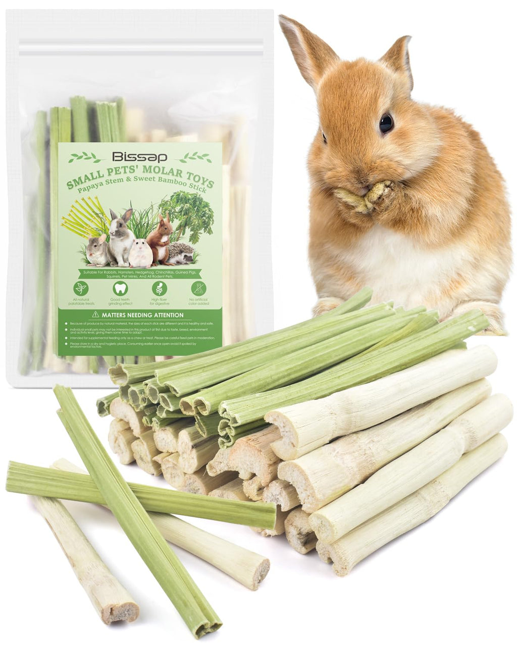 Bissap 40PCS Rabbit Chew Sticks, 20PCS Sweet Bamboo Chew Sticks & 20PCS Papaya Stems Bunny Chews for Rabbit Hamster Chinchilla Guinea Pig Small