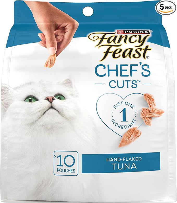 Purina Fancy Feast Purely Hand-Flaked Tuna Cat Treats, Steam-Baked Real Tuna, Pack of 5, 10 Count Pouches
