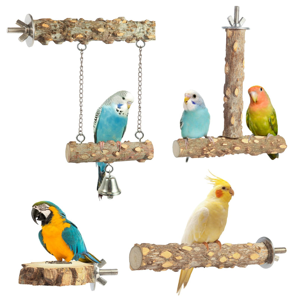 Bird Perches,4pcs Natural Wood Birds Stand Branch, Bird Perch Chewing Stick Cage Accessories Parrot Climbing Standing Branches Paw Grinding Fork Sets