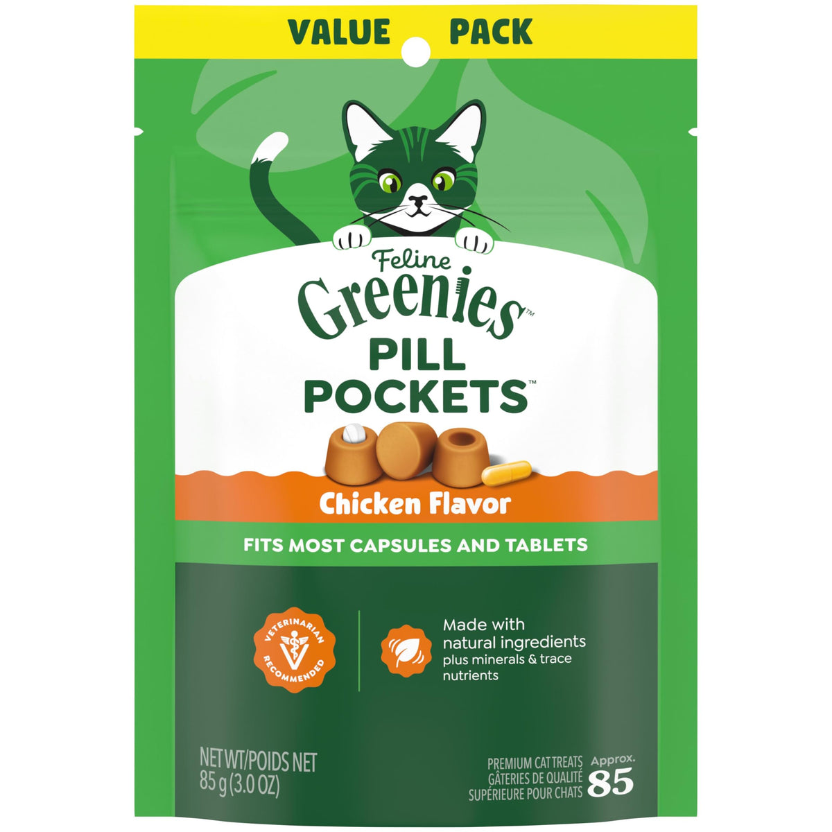 Greenies Feline Pill Pockets for Cats Natural Soft Cat Treats, Chicken Flavor, 3 oz. Pouch (85 Treats)