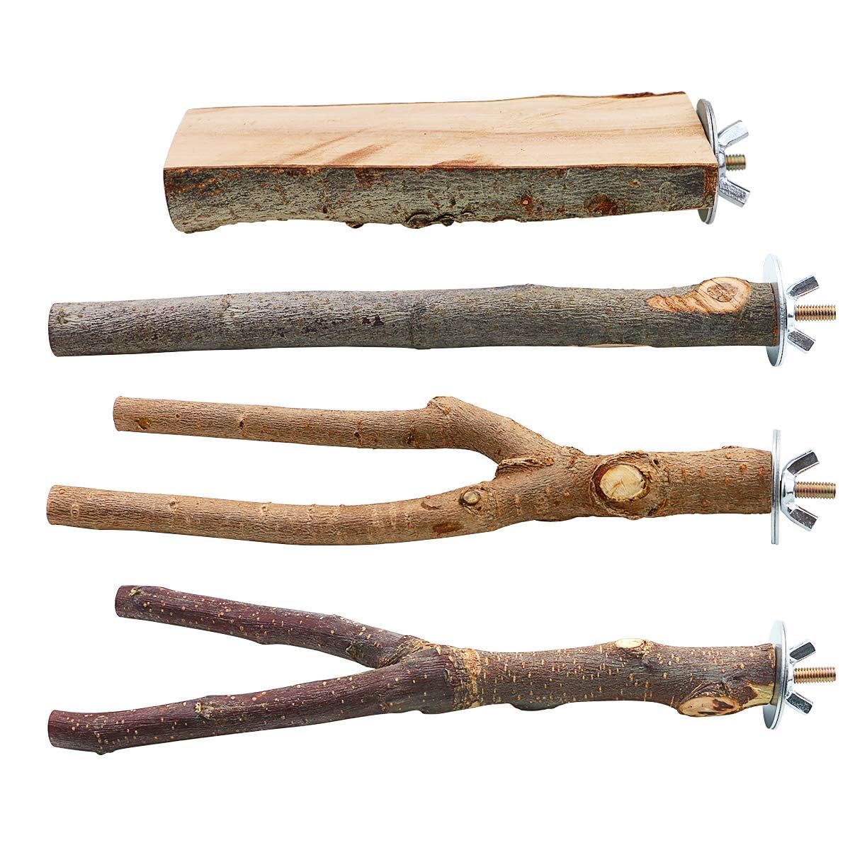 BILLIOTEAM 4 Pack Natural Wood Bird Perch Parrot Stand Branches Fork Toys,Pet Bird Cage Wooden Hanging Perch Platform Hammock Swing Toy for Small