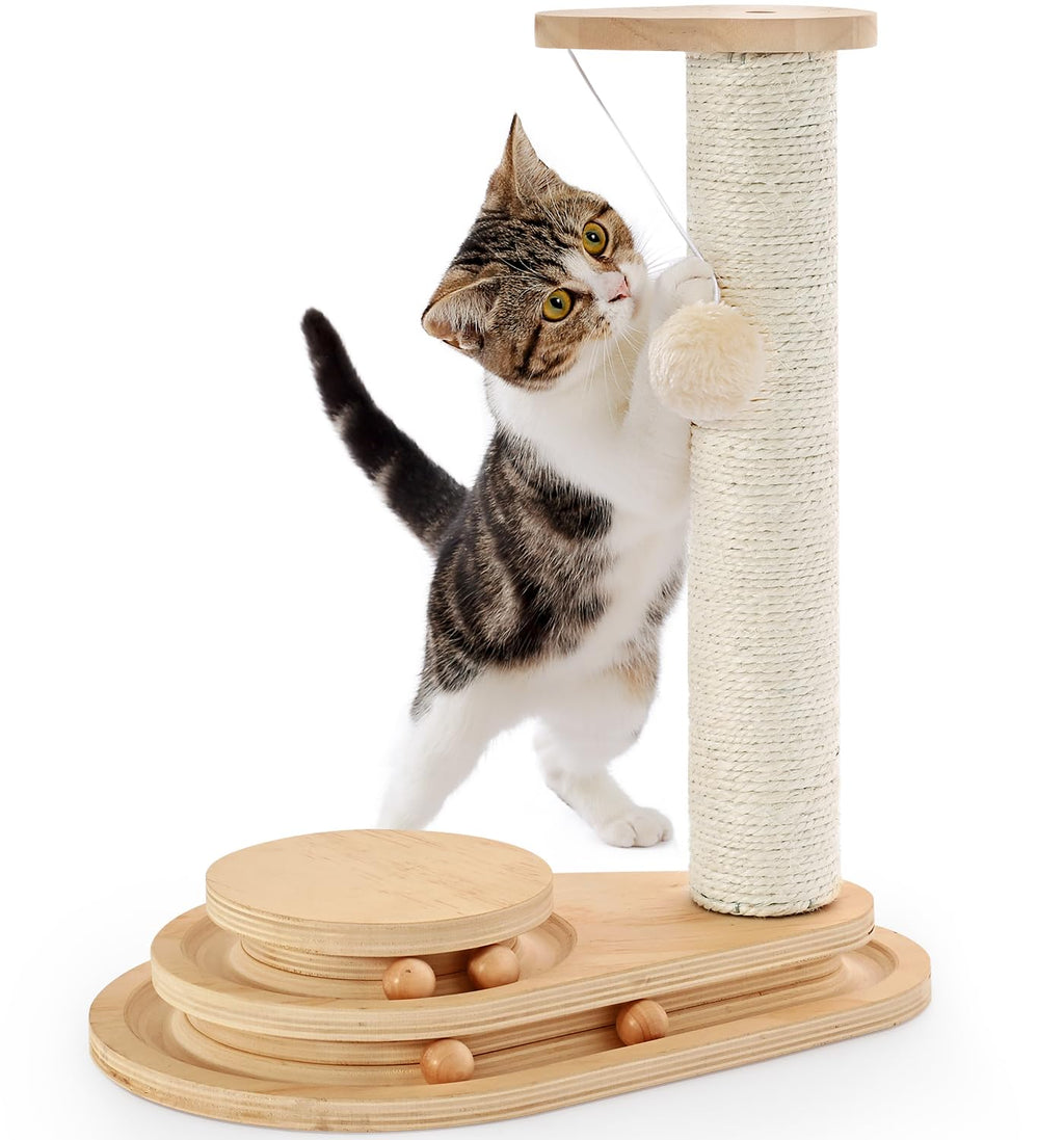 Made4Pets Cat Scratching Post Cat Scratcher Kitten Toys for Indoor Cats Wooden Ball Track Two-Layer Modern Sisal 17.7" Tall Scratch Post Interactive