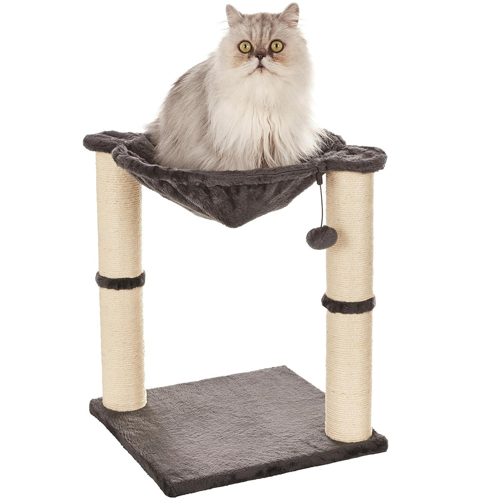 Basics Sturdy Cat Condo Tower with Hammock Bed and Scratching Posts, Interactive Hanging Ball Toy for Indoor Cats, 15.8" x 15.8" x 19.7", Gray