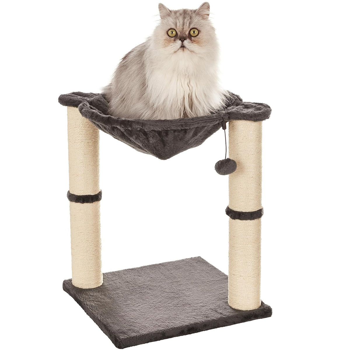 Basics Sturdy Cat Condo Tower with Hammock Bed and Scratching Posts, Interactive Hanging Ball Toy for Indoor Cats, 15.8" x 15.8" x 19.7", Gray