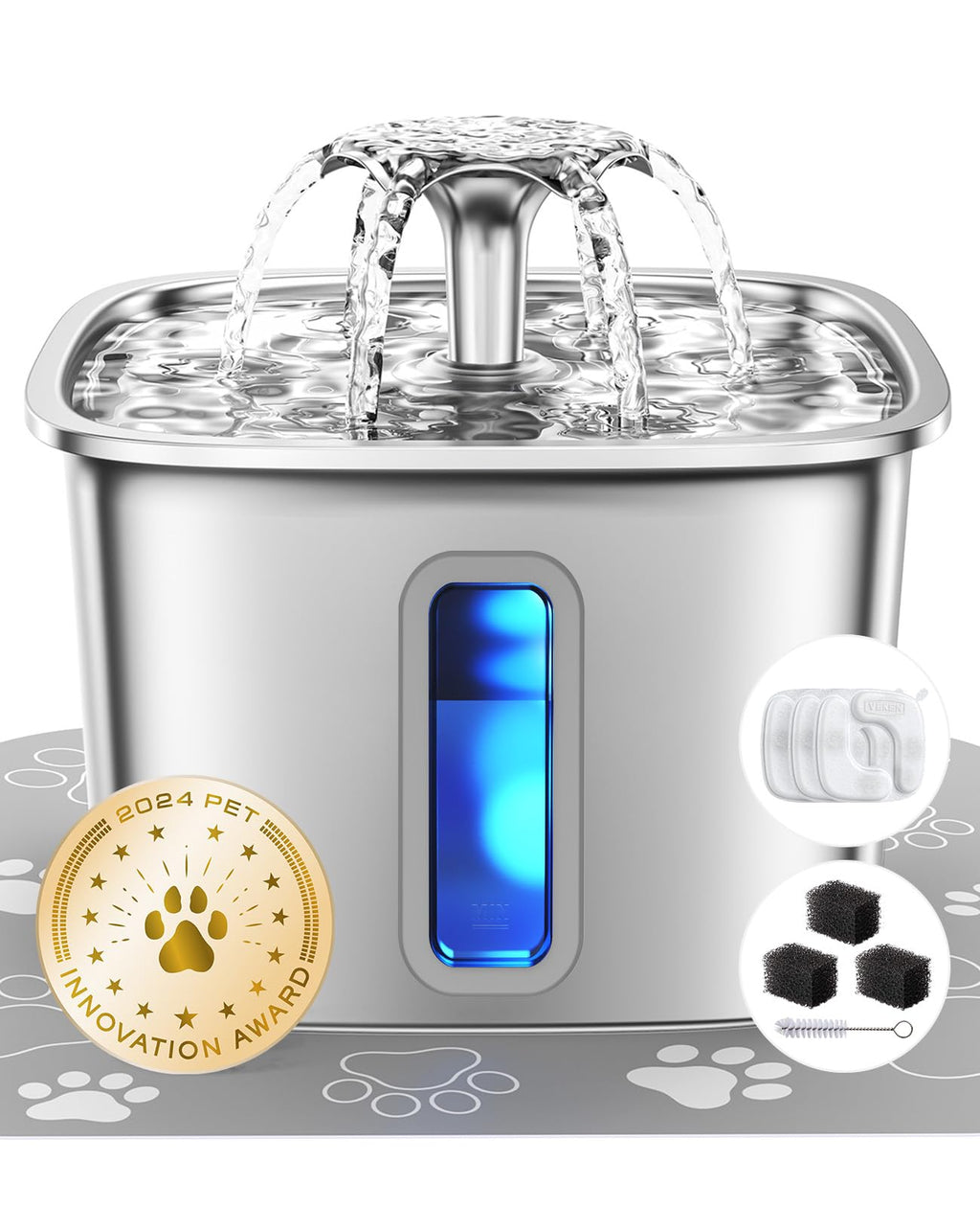 Veken Innovation Award Winner Stainless Steel Cat Water Fountain, 108oz/3.2L Automatic Pet Fountain Dog Water Dispenser with 3 Replacement Filters