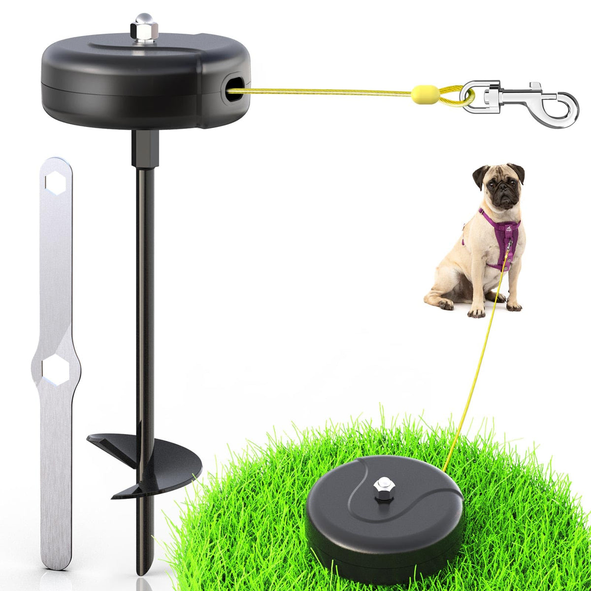 30ft Dog Tie Out Cable and Stake, 360°No Tangle Heavy Spiral Dog Steel Anchor and Retractable Leash for Small to Large Dogs Up to 10-90 lbs Lead for