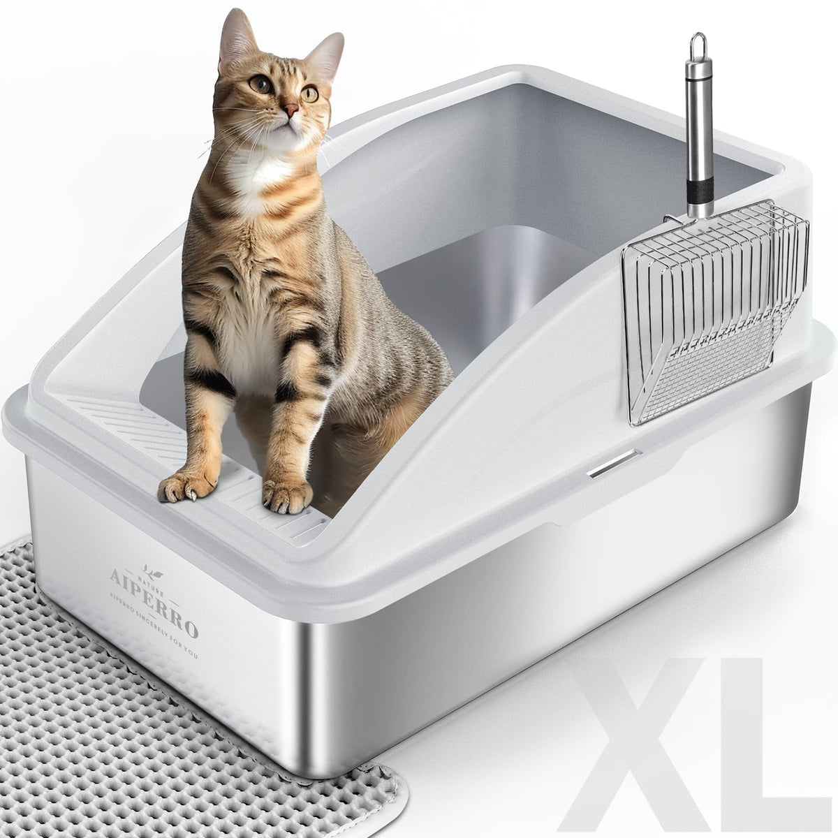 Stainless Steel Litter Box | XL Enclosed Cat Litter Boxes with Lid for Big Cats | High Sided, Anti-Urine Leakage | Non-Stick Bottom & Includes Litter