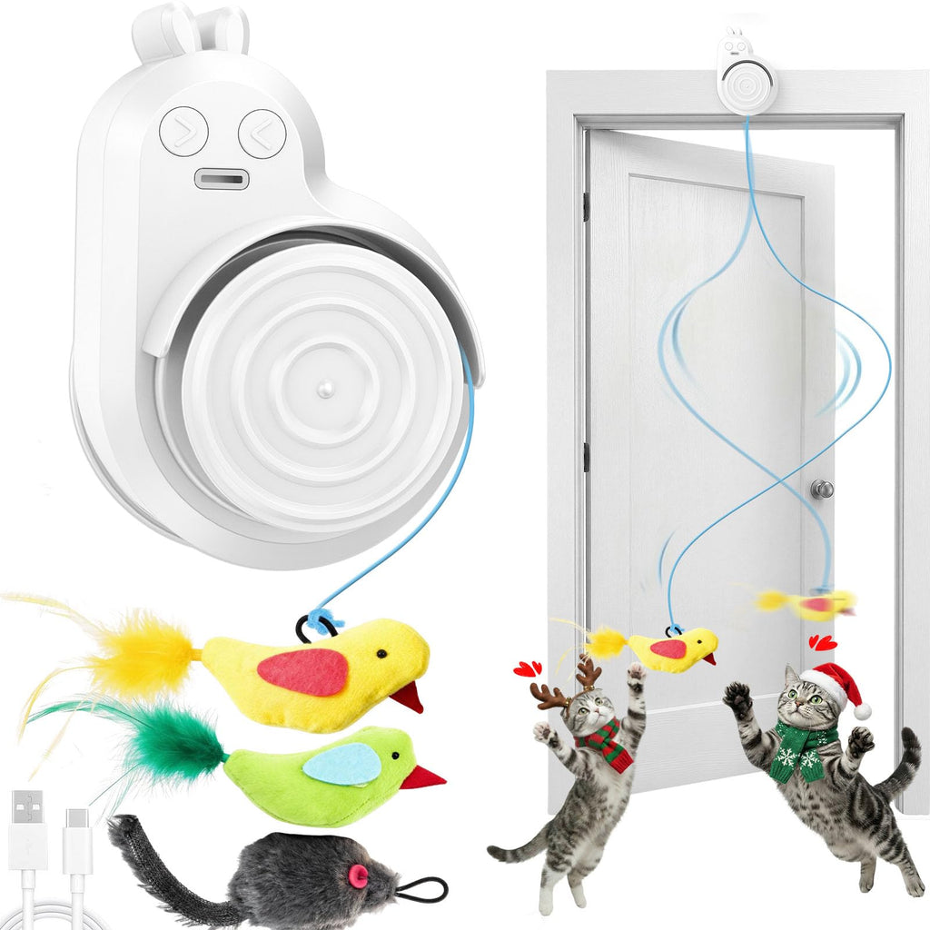 Interactive Cat Toys for Indoor Cats - Automatic Flying Bird Feather & Mouse Wand Enrichment Toy, Hands-Free or Handheld USB-Rechargeable Safe Play