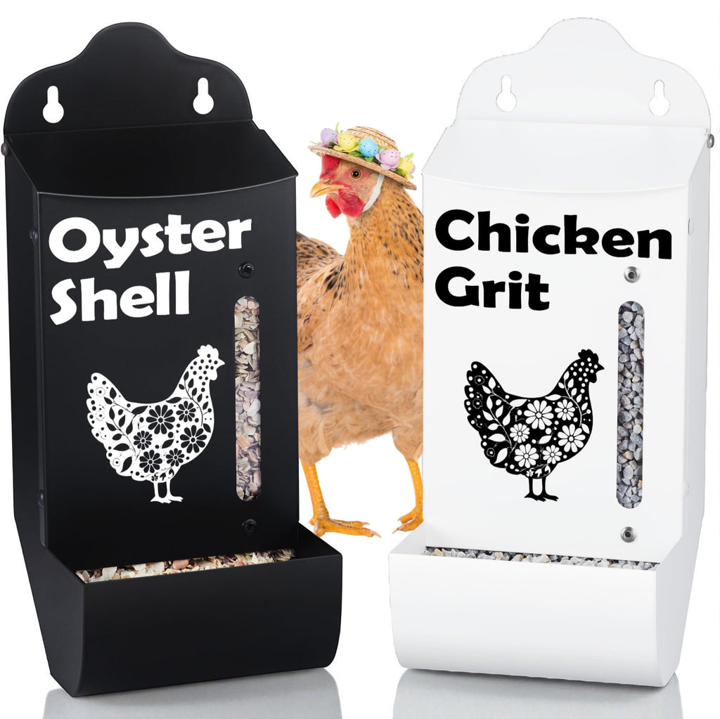 CluckRoots Chicken Grit and Oyster Shell Feeder Combo, No-Spill Weatherproof Heavy-Duty Design, Lift-Off Wall-Mounted Metal Dispenser w/View Window