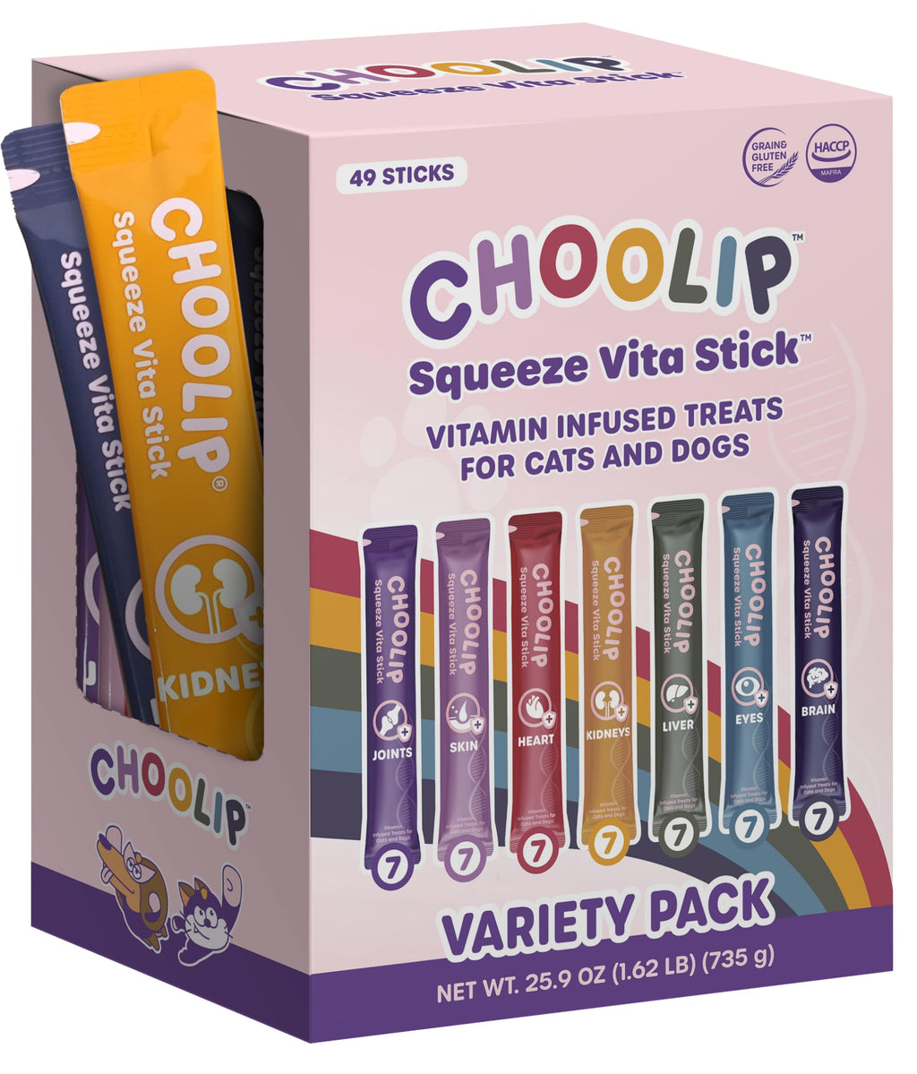 Choolip Squeeze Vita Stick Lickable Cat and Dog Treats – 49-Count Variety Pack – Real Meat Puree with Multivitamins for Total Pet Wellness