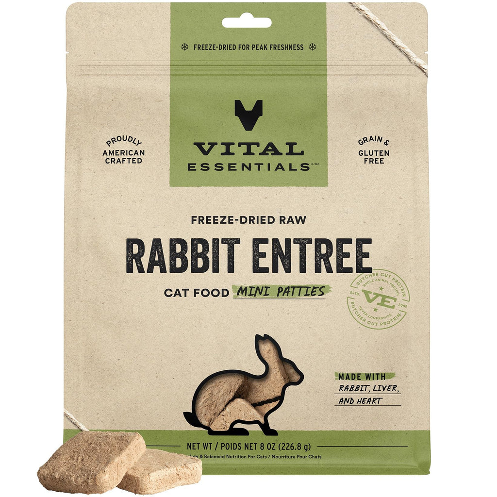 Vital Essentials Freeze Dried Cat Food, Raw Rabbit Mini Patties | Complete Meal or Topper | Easy to Portion and Rehydrate | High Protein, Grain Free