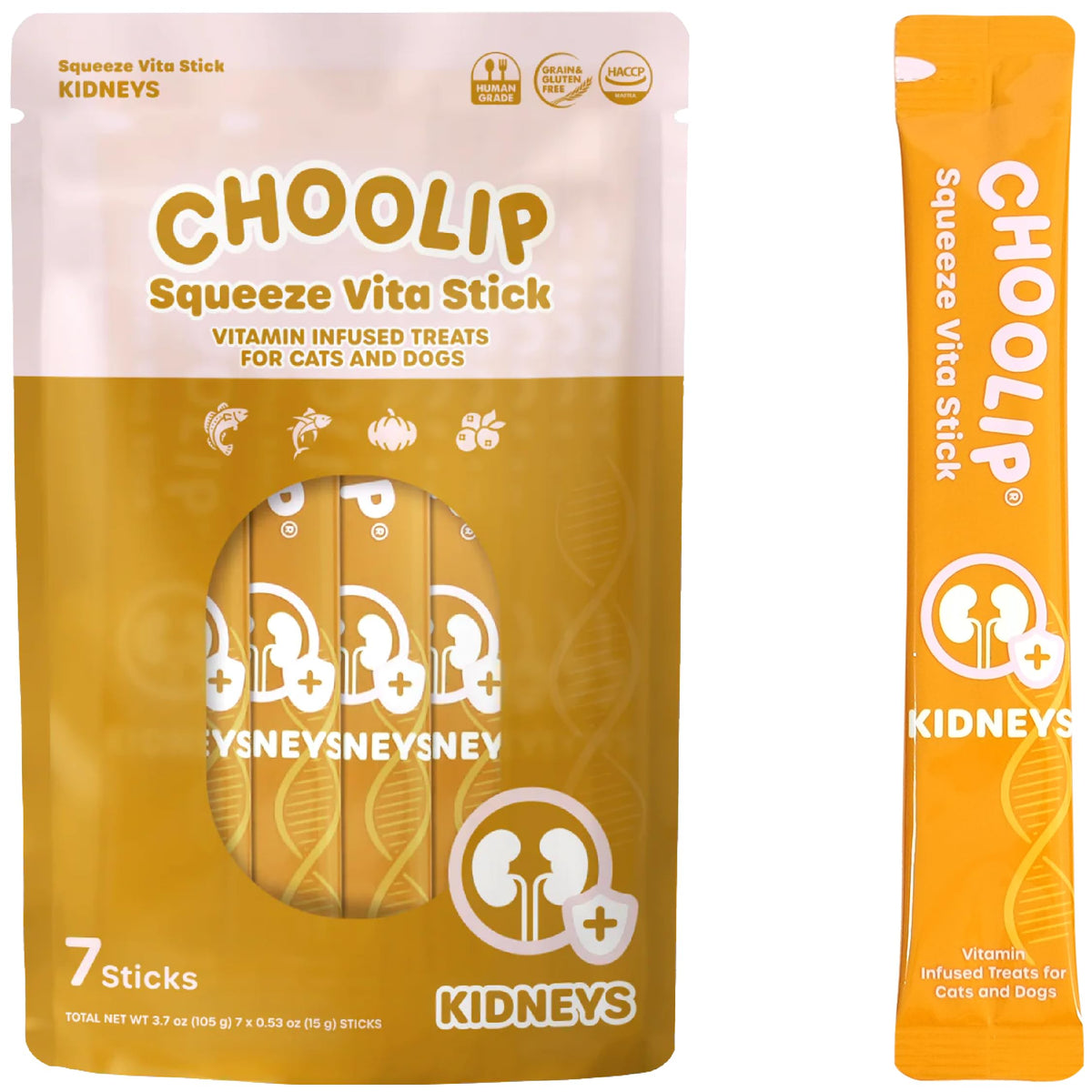 Choolip Squeeze Vita Stick Lickable Cat and Dog Treats, 7-Count Kidney Support, Tuna and Pollack with Pumpkin, Blueberry and Omega-3, Grain-Free