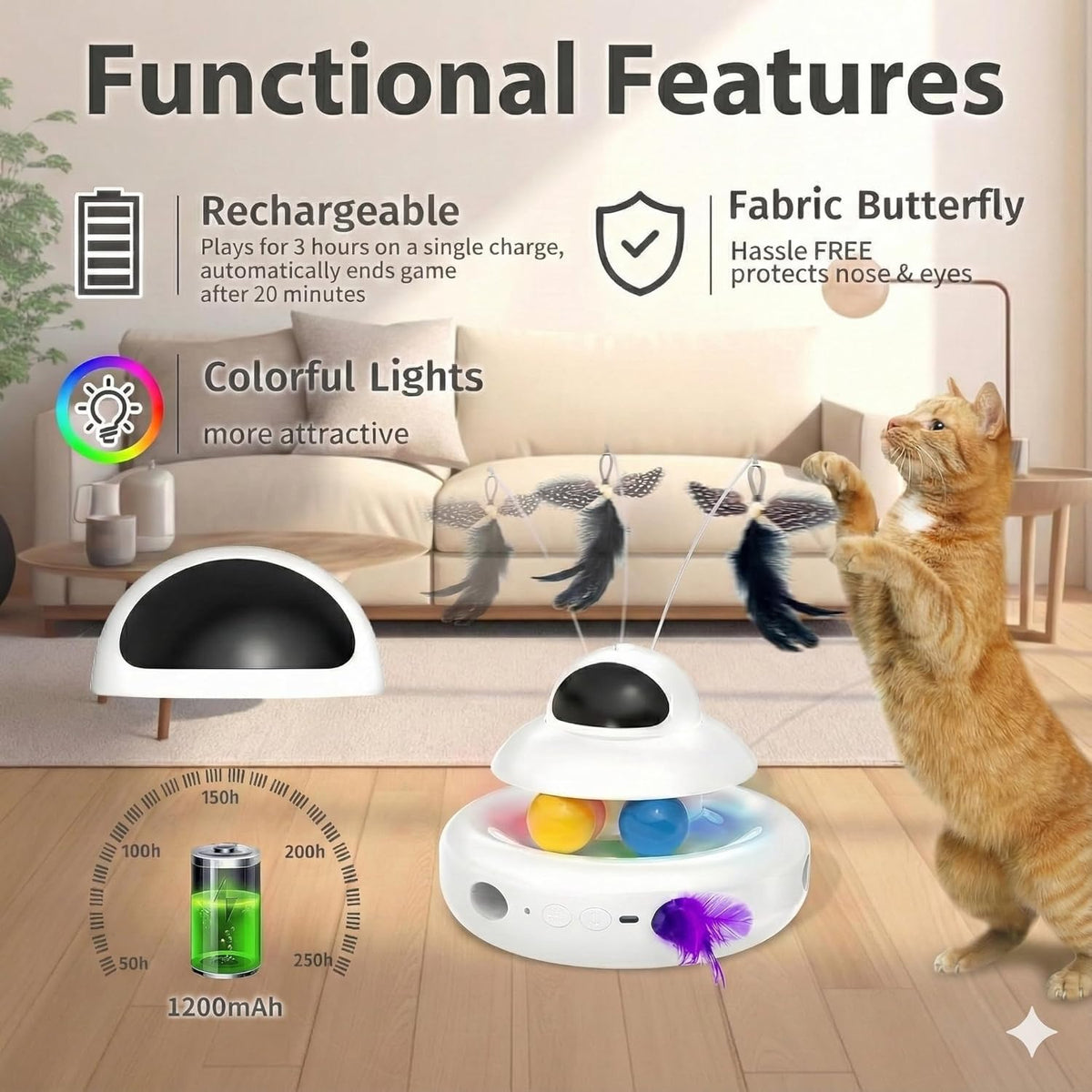 Interactive Cat Toys for Indoor Cats,4-in-1 Automatic Kitten Toy with Laser, Fluttering Butterfly, Moving Feather & Track Balls, USB Rechargeable