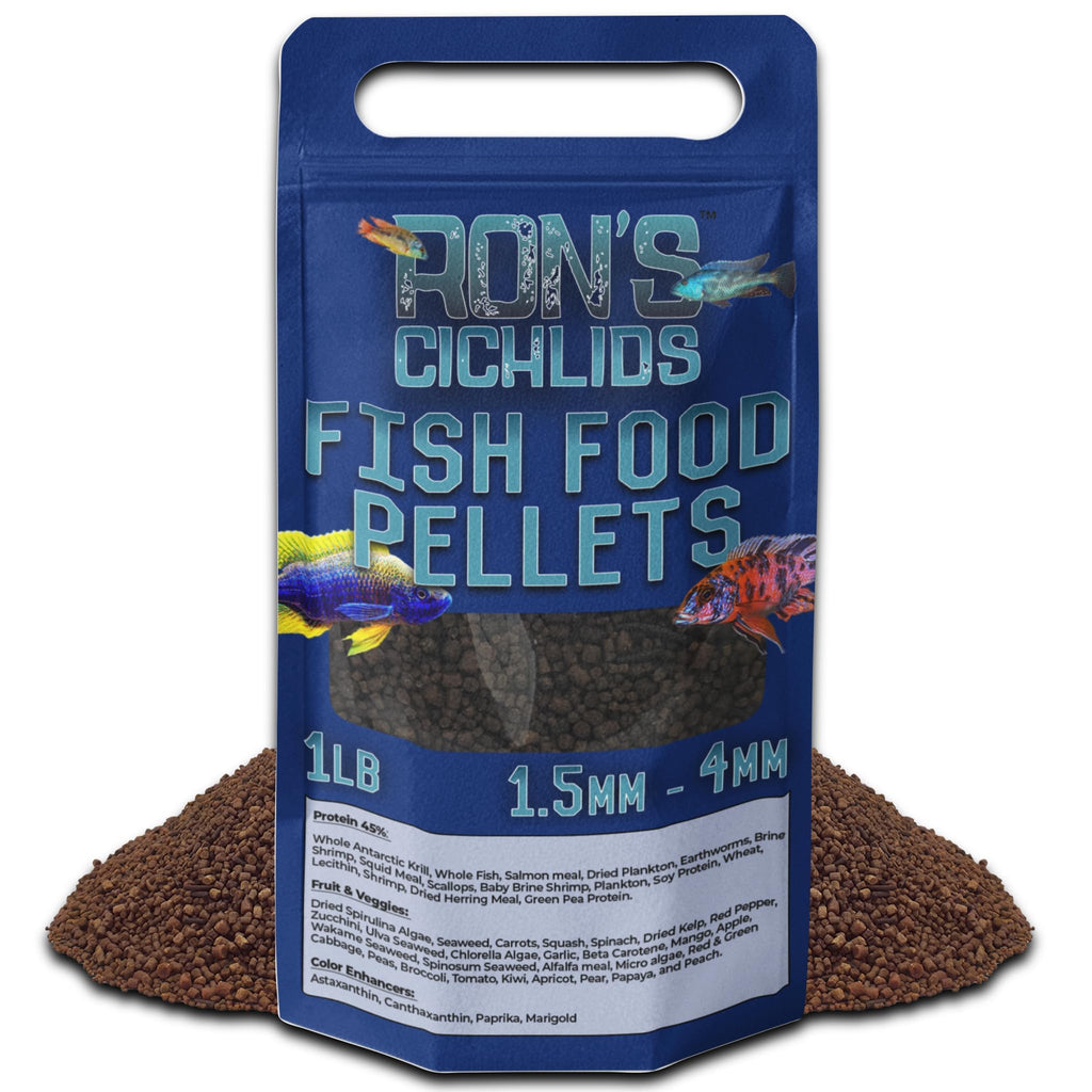 RON'S CICHLIDS Adult African Cichlid Fish Food Pellets – USA Made Slow Sinking Cichlid Pellets & Sticks Feed, Low Fillers, Ideal for Cichlid Food