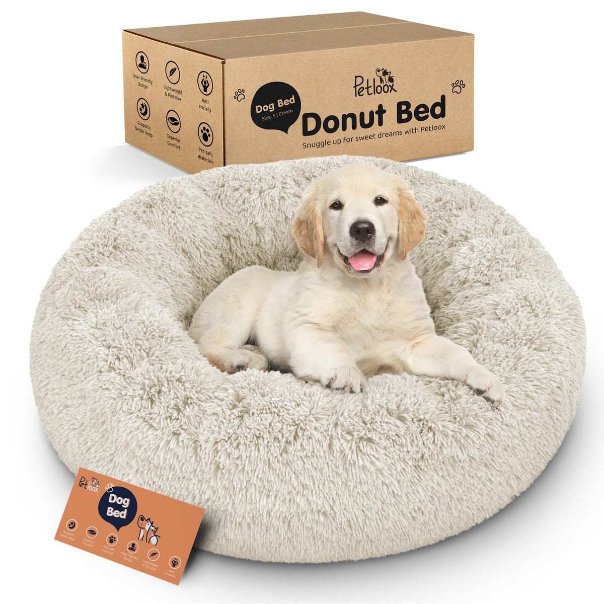 Donut Dog Bed - Premium Comfort for Anxiety Relief - Fluffy & Calming Design with Ultra-Plush Support | Cozy Round Dog Bed with Super Soft Circle Style (Cream, Small)