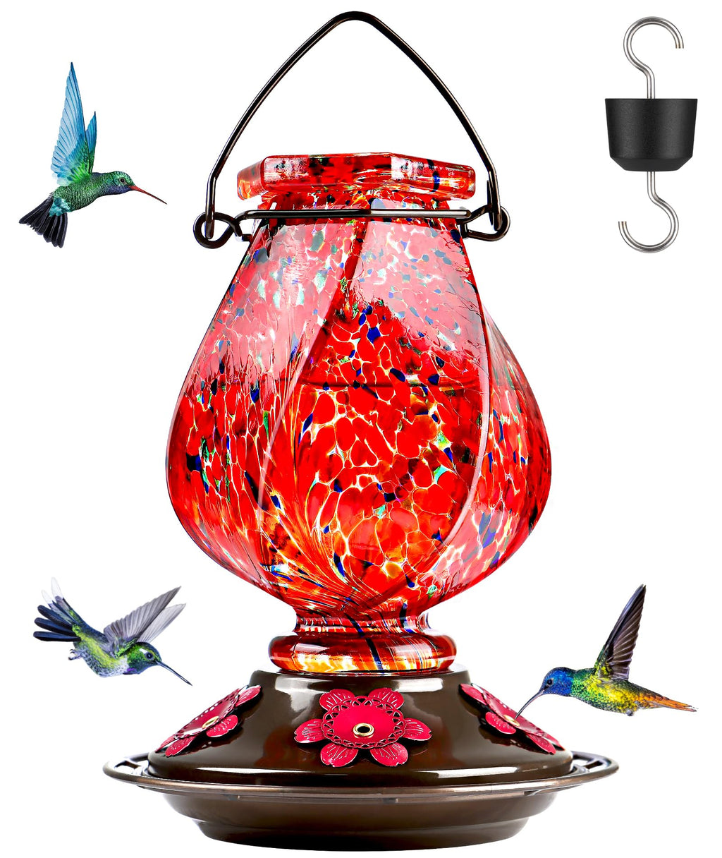 BOLITE Hummingbird Feeder, Hand Blown Glass Hummingbird Feeders for Outdoors Hanging with Ant Moat, 5 Bee-Proof Ports, Leak-Proof, 360° Perch, 22oz