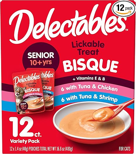 Delectables Lickable Treat Bisque Senior 10+ Wet Cat Treat Variety Pack, Food Topper, Hydrating, Grain-Free, No Fillers, No By-Products, No Added