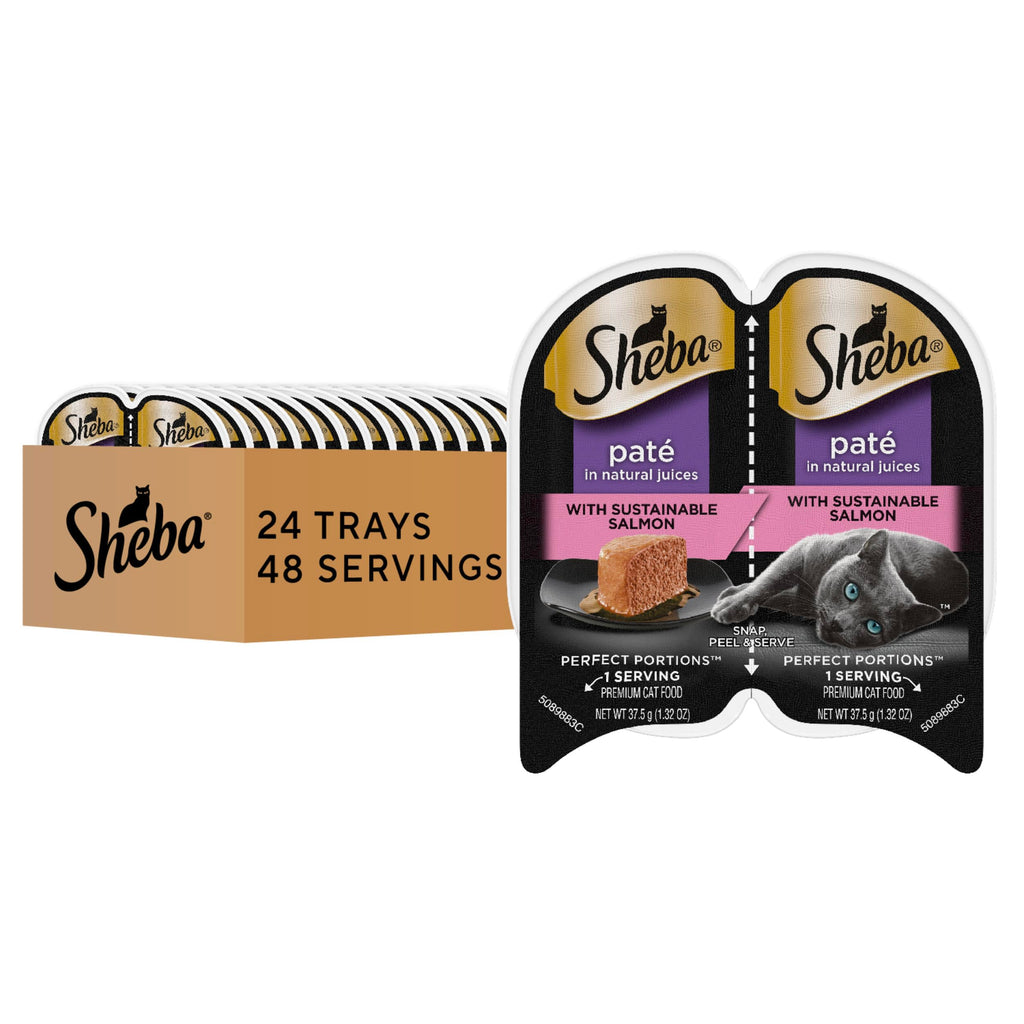 Sheba Perfect Portions Wet Cat Food Pate Sustainable Salmon Entree, 2.6 oz. Twin-Pack Trays, Cat Food Wet Recipe (24 Count, 48 Servings)