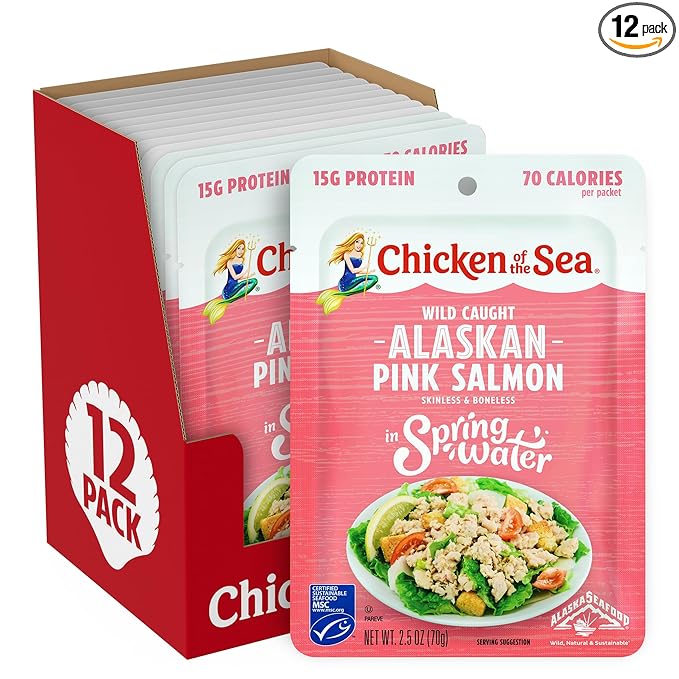 Chicken of the Sea Alaskan Pink Salmon in Spring Water, 2.5 Ounce Packets (Box of 12), Wild Caught, Skinless & Boneless