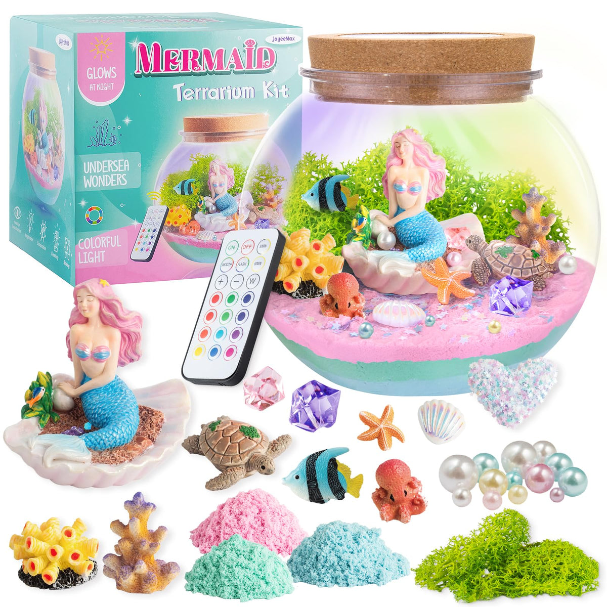 JOYEEMAX Mermaid Light-Up Terrarium Kit for Kids - LED Night Light Birthday Gift for Girls Ages 4 5 6 7 8-12 Year Old - Mermaid Toys for Girls - DIY