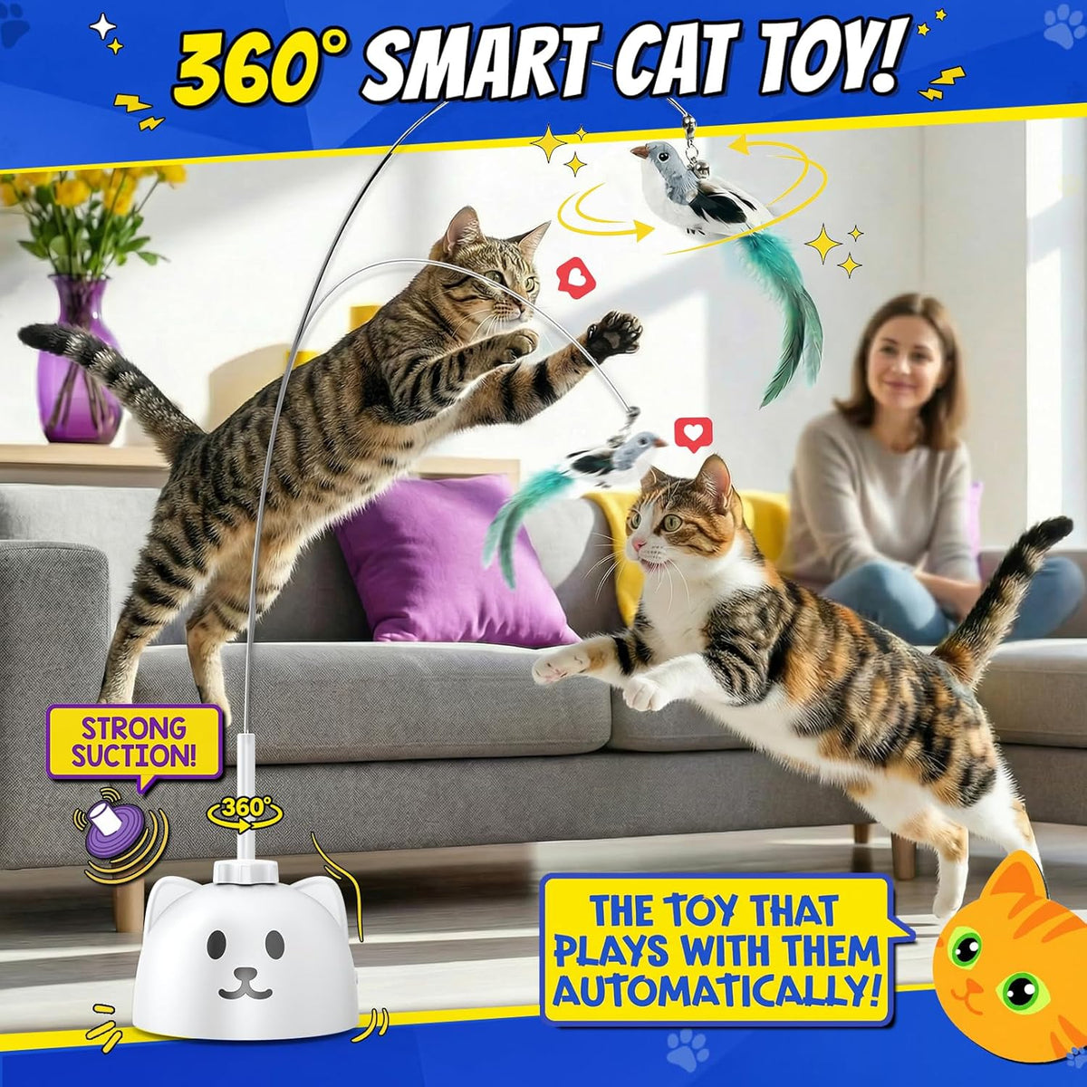 Interactive Cat Toys for Indoor Cats - Automatic Flying Bird Feather Toy, USB Rechargeable Electric Cat Teaser with Sticky Suction Base, Smart Motion