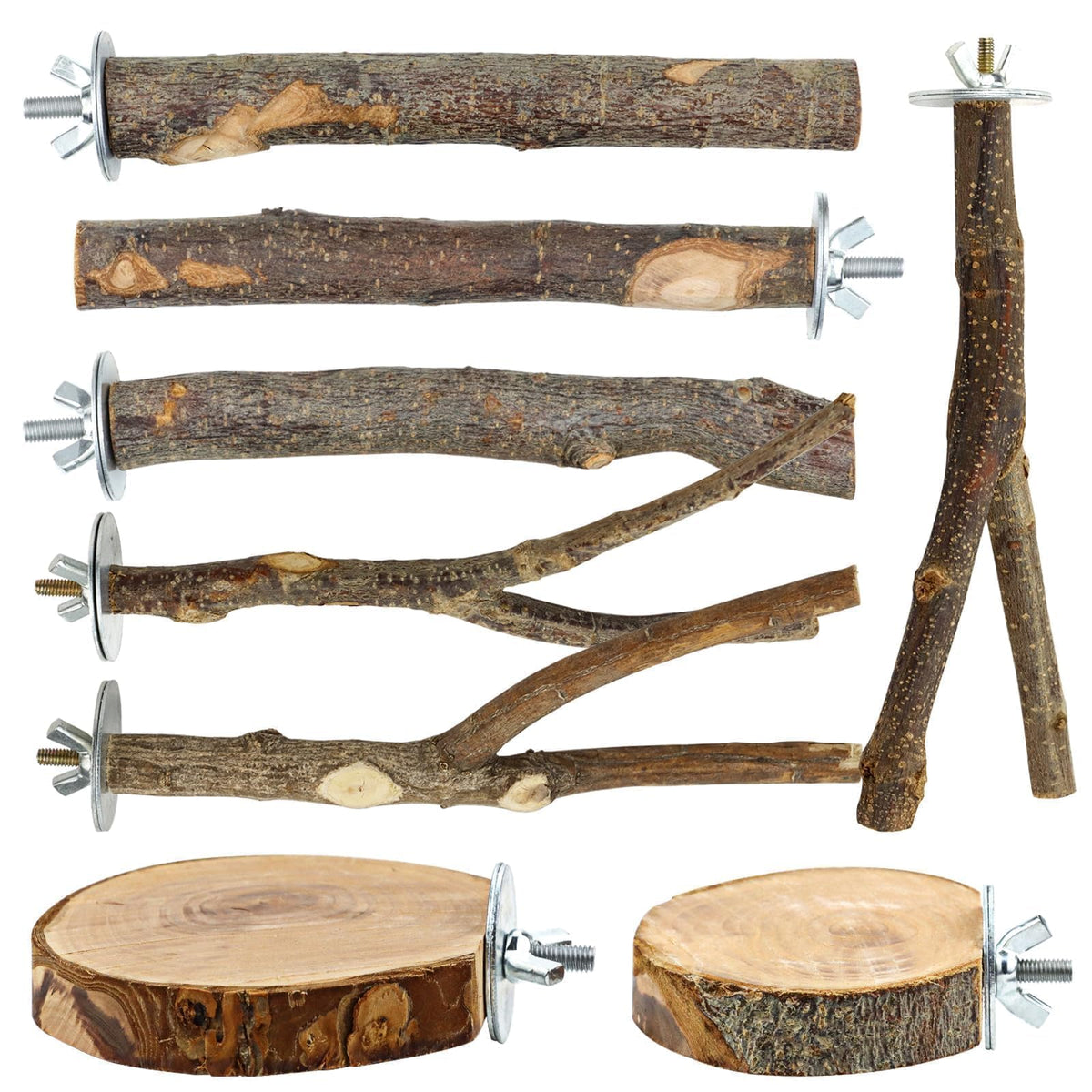 8 PCS Bird Perch Set for Cage - Natural Apple Wood Platforms & Hardwood Branches for Parakeets, Budgies, Cockatiels - Small Bird Habitat Gym