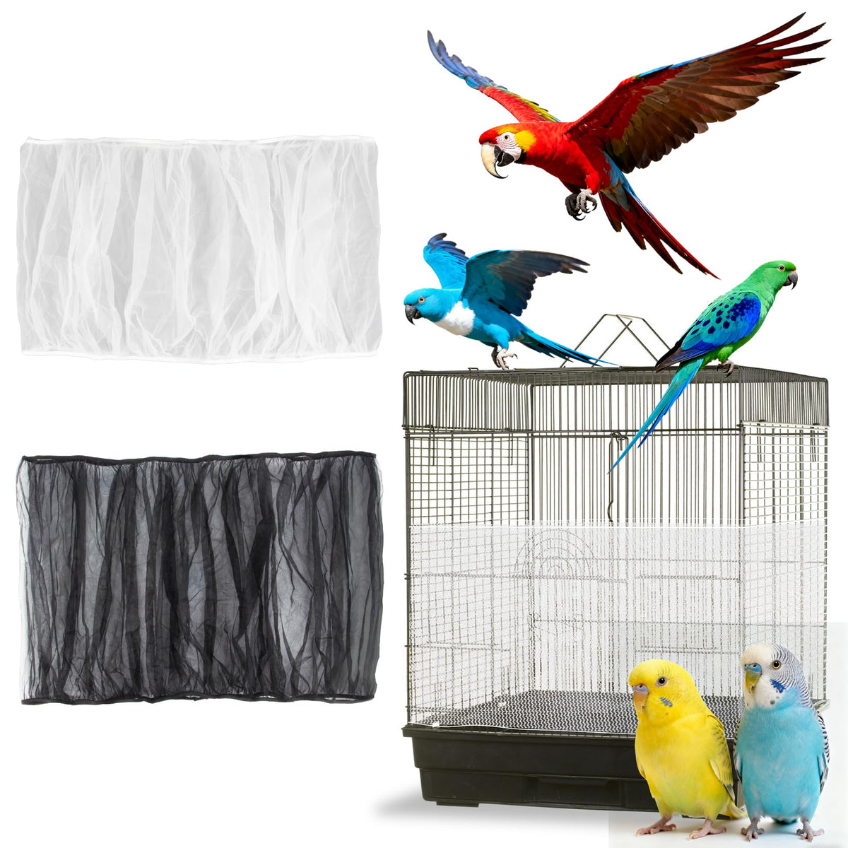 2Pcs Bird Cage Seed Catcher - Black White Bird Cage Cover, Birds Cages Netting Skirt Birds Cages Seed Catcher Guard for Parrot Parakeet Enclosures