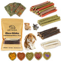 65PCS Rabbit Bunny Guinea Pig Chew Toys Treats, Chinchilla Hamster Chews Toys for Teeth, Timothy Hay Chips Treats Sticks for Rabbit Guinea Pig