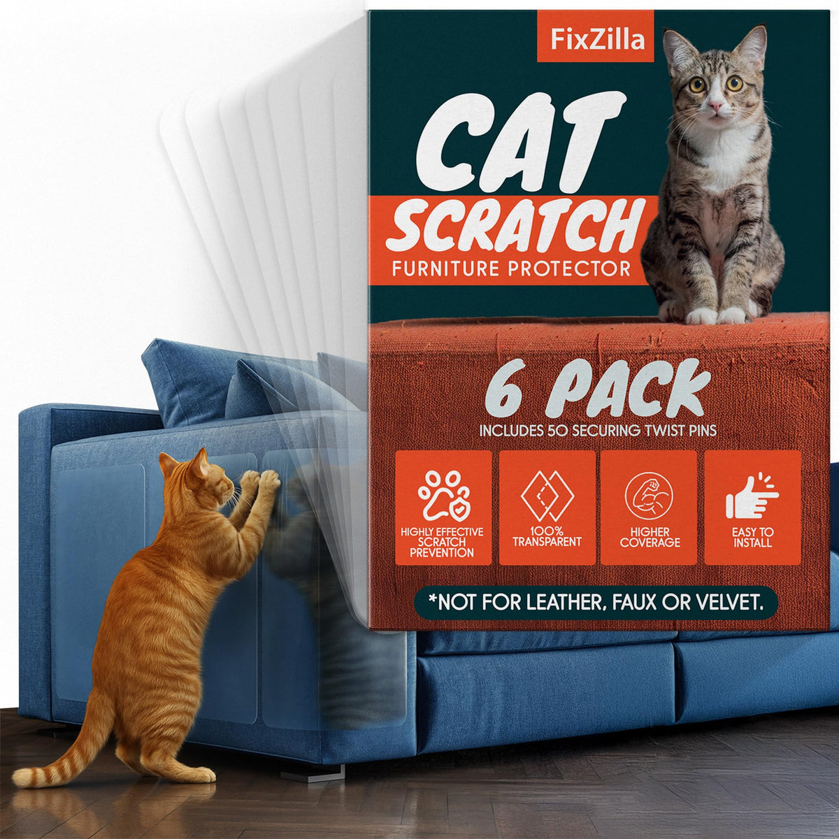 FixZilla Anti Cat Scratch Furniture Protector, 6-Pack Couch Protector from Cat Claws – Heavy-Duty, Easy-to-Apply Scratching Deterrent and Shield for