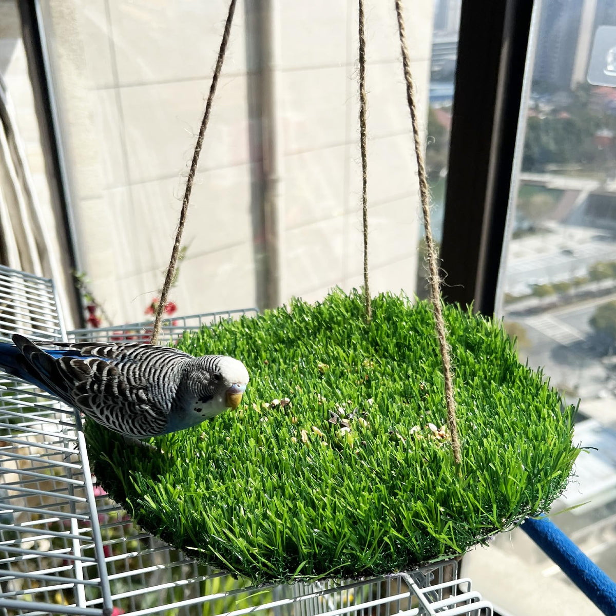 FlidRunest Large Bird Foraging Mat Toys, Natural Bird Grass Hammock Swing Toy with Hooks, Climbing Perch Hanging Toy for Parakeets, Parrot