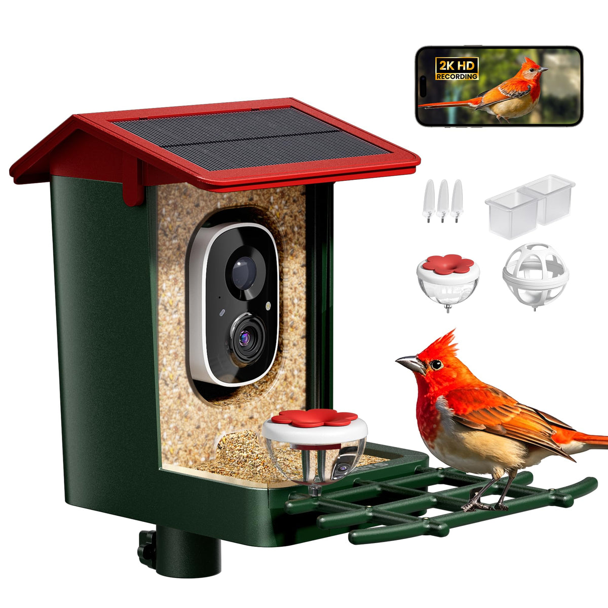 Smart Bird Feeder with Camera Solar Powered, 2K HD Video, AI Bird Species Identification, Instant Arrival Alerts, Weatherproof Design for Effortless