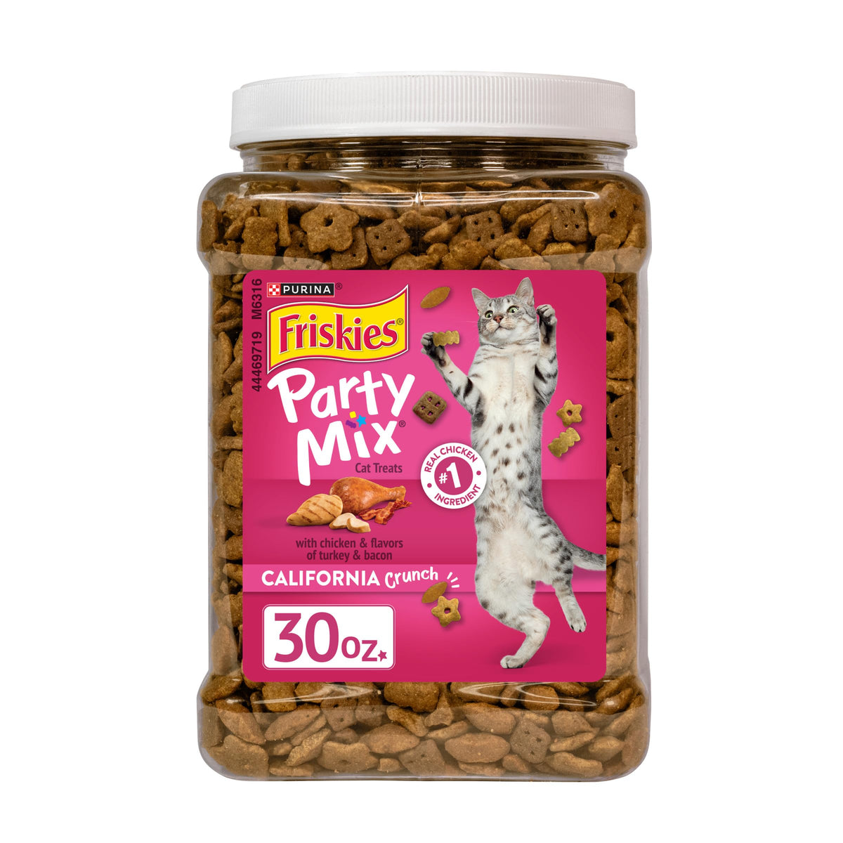 Purina Friskies Party Mix California Crunch with Chicken and Flavors of Turkey and Bacon Cat Treats - 30 oz Canister
