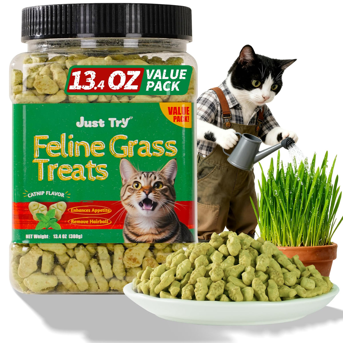 Just Try Cat Treats for Indoor Cats Hairball Control Natural Salmon Healthy Cat Grass Treats Kitten Snacks Training Biscuits Catnip for Cats Dental