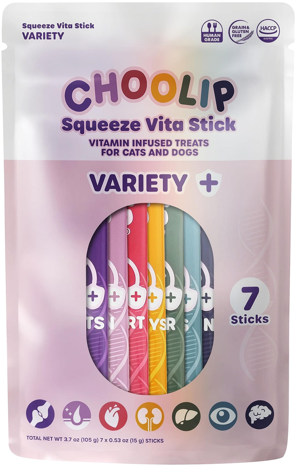 Choolip Squeeze Vita Stick Lickable Cat and Dog Treats – 7-Count Variety Pack – Creamy Puree with Multivitamins for Joints, Skin, Heart, Kidney