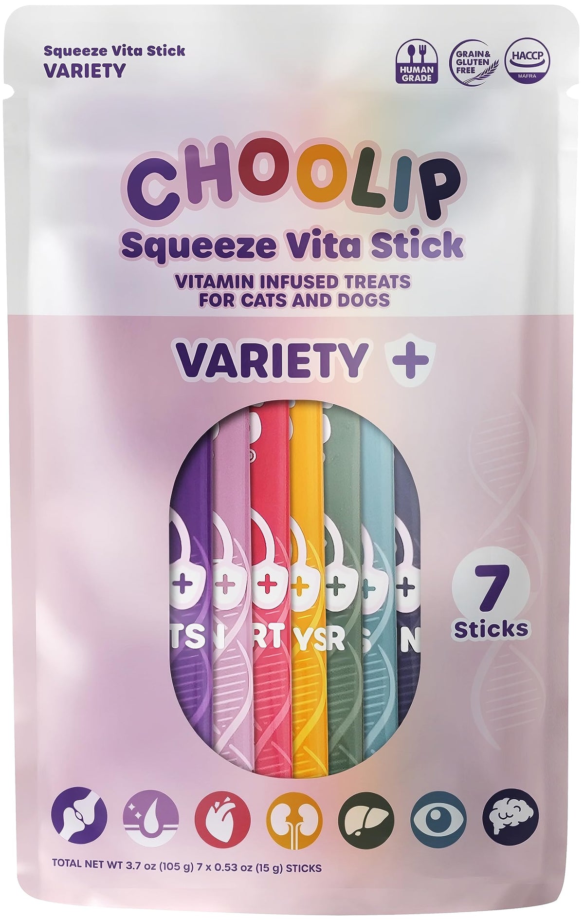 Choolip Squeeze Vita Stick Lickable Cat and Dog Treats – 7-Count Variety Pack – Creamy Puree with Multivitamins for Joints, Skin, Heart, Kidney