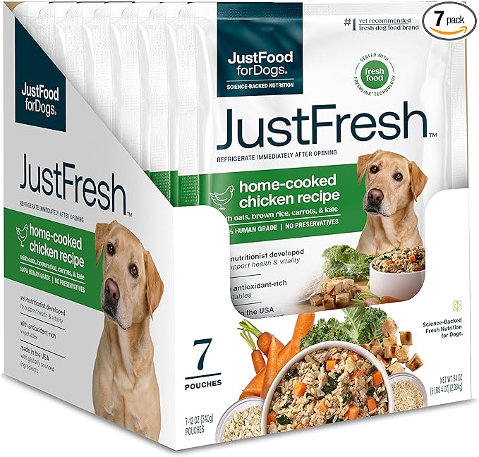 JustFoodForDogs JustFresh Wet Dog Food, Fresh Pet Meals and Toppers with No Preservatives, Resealable Package, Human Grade, Home-Cooked Chicken, 12
