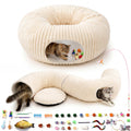 Cat Tunnel Bed with 40 Pcs Interactive Cat Toys, Cat Tube with Kitten Toys for Indoor Kittens, Collapsible Play Tunnel, White
