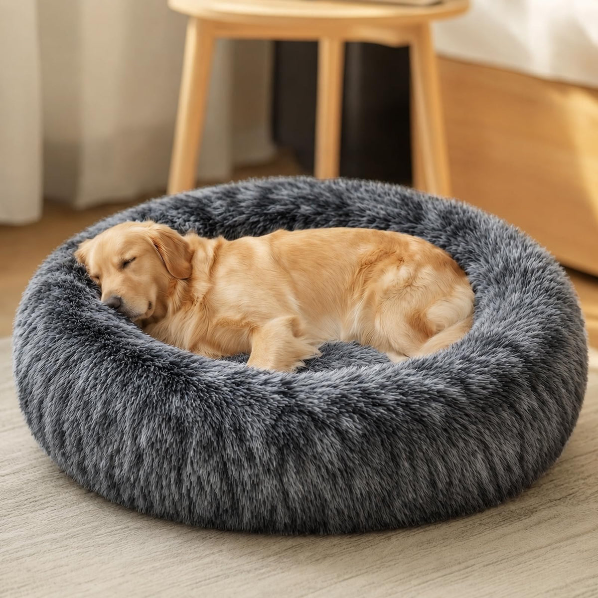 JOLLYVOGUE Calming Dog Beds Extra Large Sized Dog, 45in Donut Washable Large Pet Bed, Anti-Slip & Anti-Anxiety Fluffy Faux Fur Round Dogs Bed, Fits