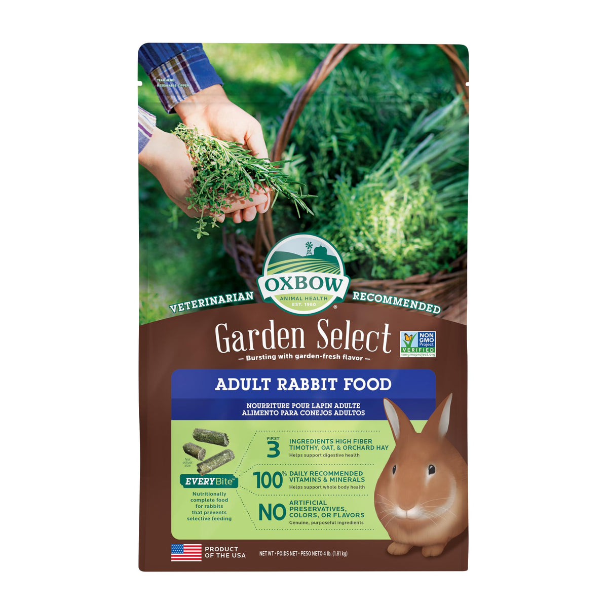 Oxbow Garden Select Rabbit Food, Adult Rabbit, Made with Oxbow Timothy Hay, Vitamin & Mineral Rich Pet Food Pellets, Bunny Supplies, Made in USA