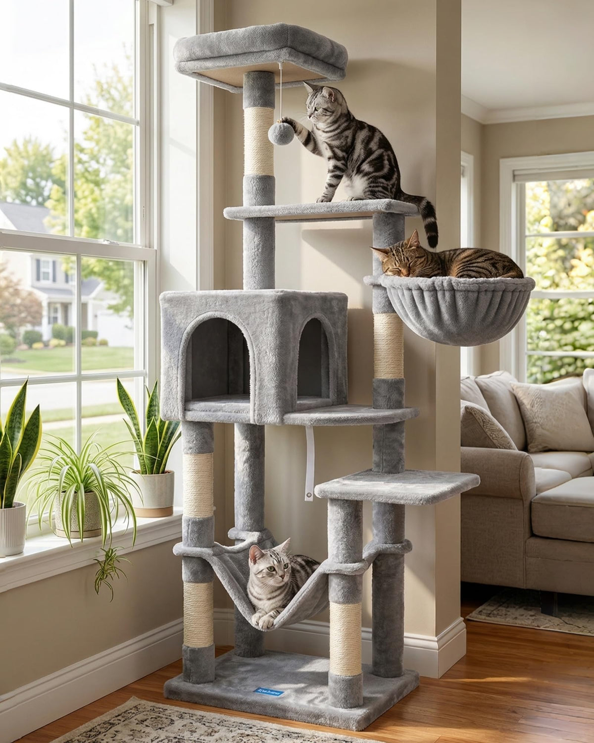 Hey-brother Cat Tree with Large Hammock, Multi-Level Cat Tower for Indoor Cats, Cat Condo with Sisal-Covered Scratching Posts and Top Perch, Light